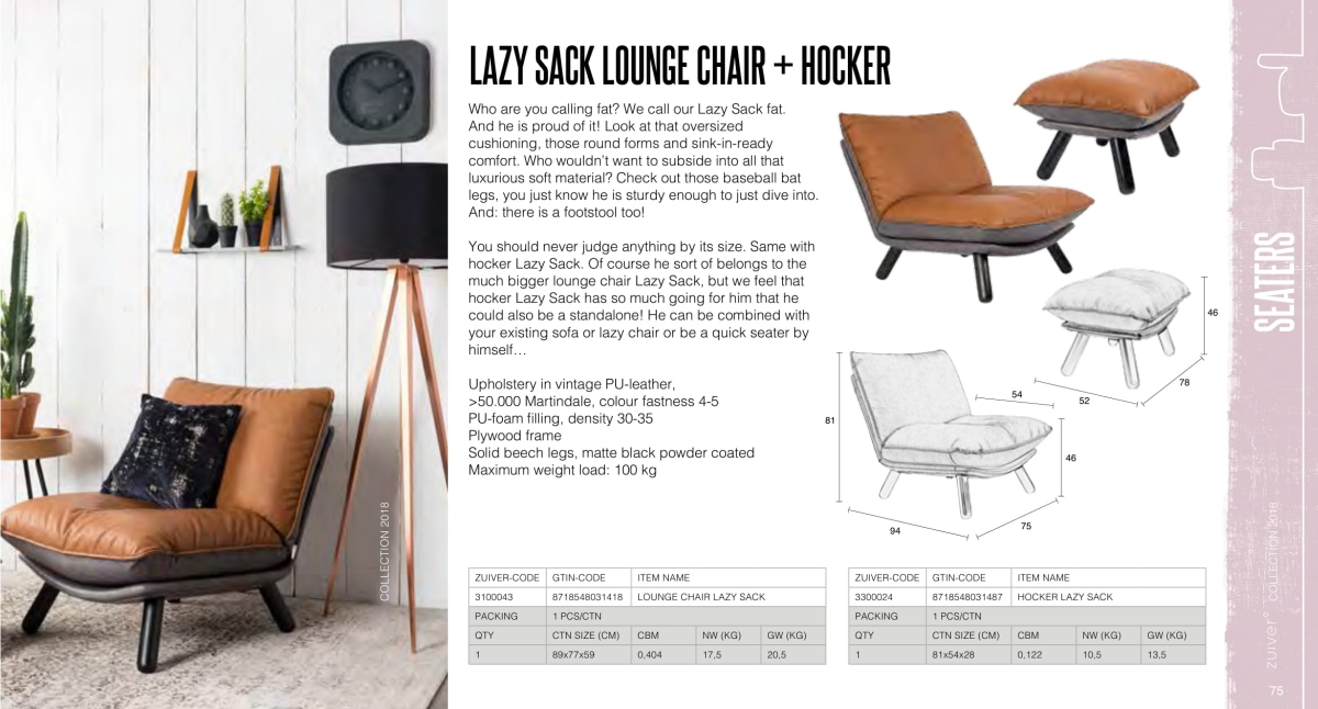fotele i sofy zuiver 2018 - lazy sack lounge chair + hocker